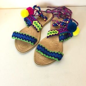 Katico Crochet Tie Up Pom Pom Sandals Pink Blue 6